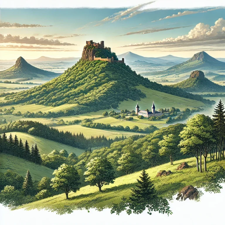 Berglandschaft mit einer Burgruine auf einem Hügel und einem Kloster im Tal.