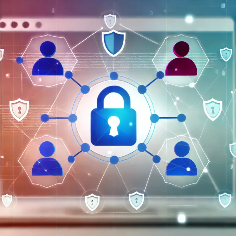 Grafik mit einem Schloss-Symbol und Benutzernetzwerk zur Darstellung von Cybersicherheit.