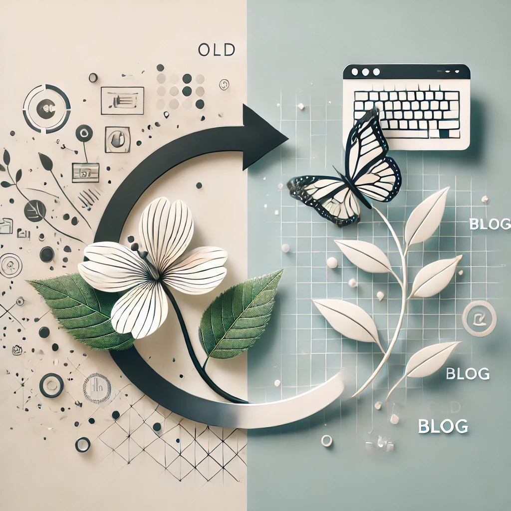 Grafische Illustration mit einer Blume und einem Schmetterling, die Veränderung symbolisieren, auf einem zweigeteilten Hintergrund.