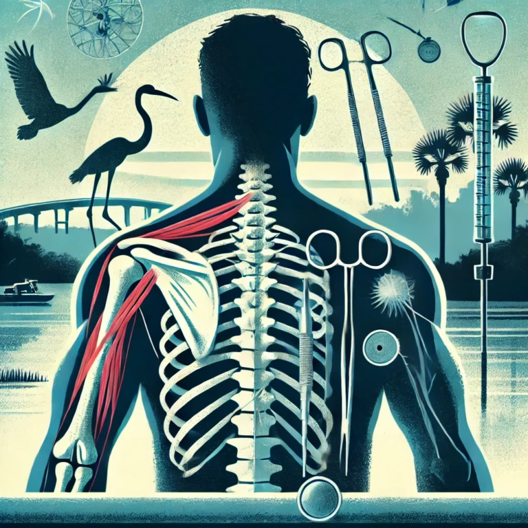Illustration eines menschlichen Körpers von hinten mit anatomischen Strukturen und chirurgischen Instrumenten.