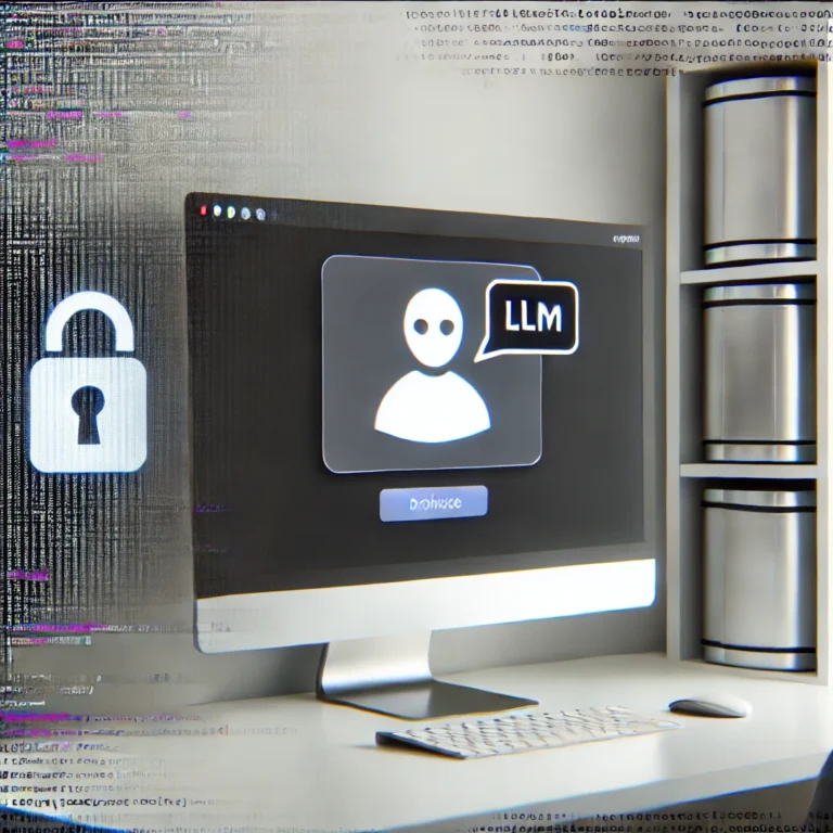 Ein Computerbildschirm zeigt ein Symbol für Sicherheit und einen Benutzer mit der Aufschrift 'LLM'.