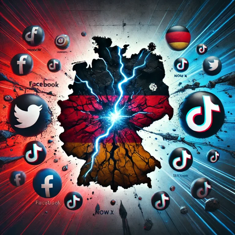 Illustration einer Deutschlandkarte mit sozialen Medien-Logos in verschiedenen Farben und einem Blitz in der Mitte.