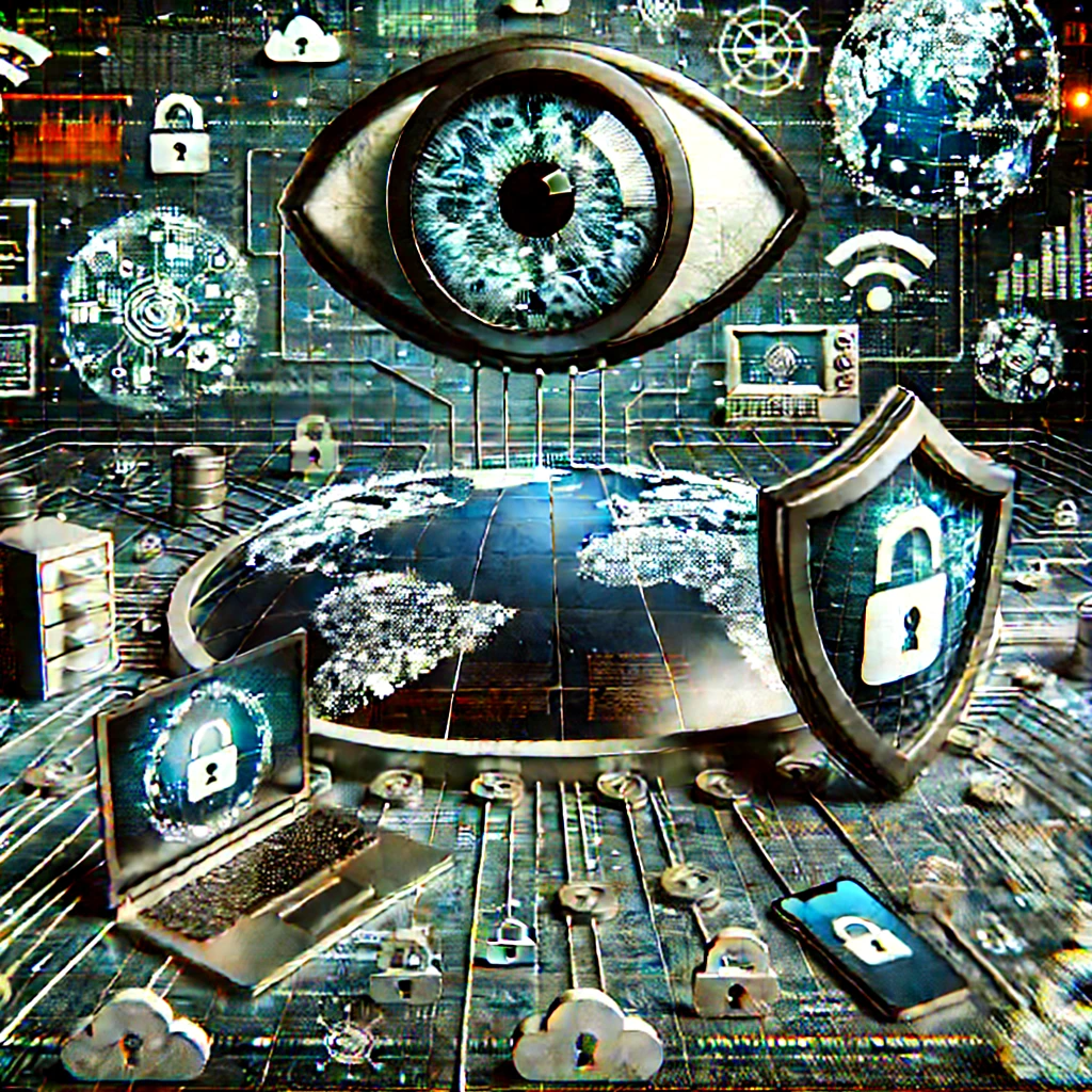 Grafik, die ein großes Auge über einer Weltkugel und digitale Sicherheits-Icons zeigt.