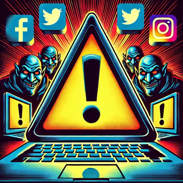 Grafik mit einem Laptop, Warnsymbol und sozialen Medien-Icons von Facebook, Twitter und Instagram.