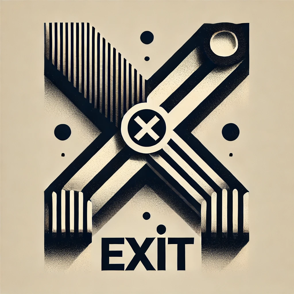 Grafik mit dem Wort EXIT in einem geometrischen Muster und kontrastierenden Farben.