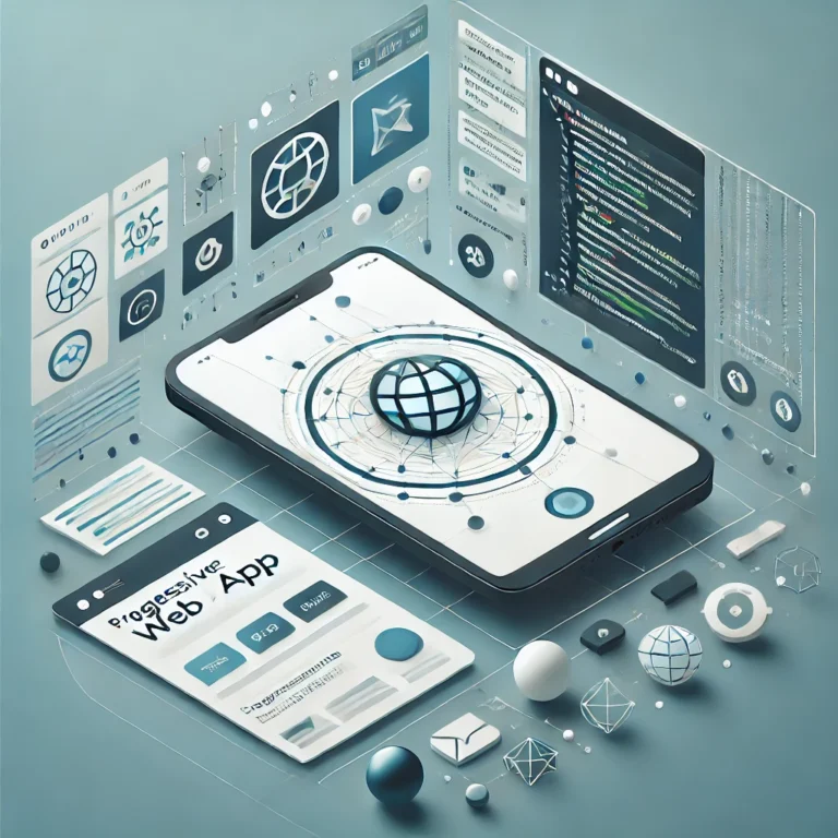 Darstellung eines Smartphones mit einer progressiven Webanwendung und verschiedenen grafischen Elementen.