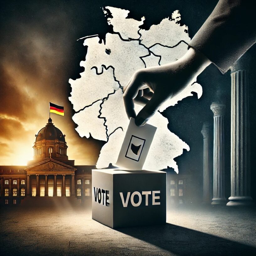 Hand, die einen Stimmzettel in eine Wahlurne mit der Aufschrift 'VOTE' einwirft, vor einer Deutschlandkarte.